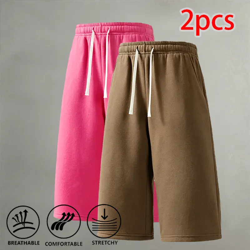Men’s Summer 2-Pack Polyester Drawstring Sports Shorts - Stretchable, Breathable, Baggy Legs, Loose-Fit, Elastic Waist, Knee-Length, Multi-Size for Walking, Jogging