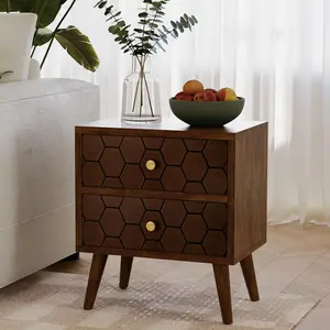 HOMPUS Modern End Table w Honeycomb Pattern, Nightstand w 2 Storage Drawers, Small Night stand w Walnut Wood Grain Finish for Bedroom