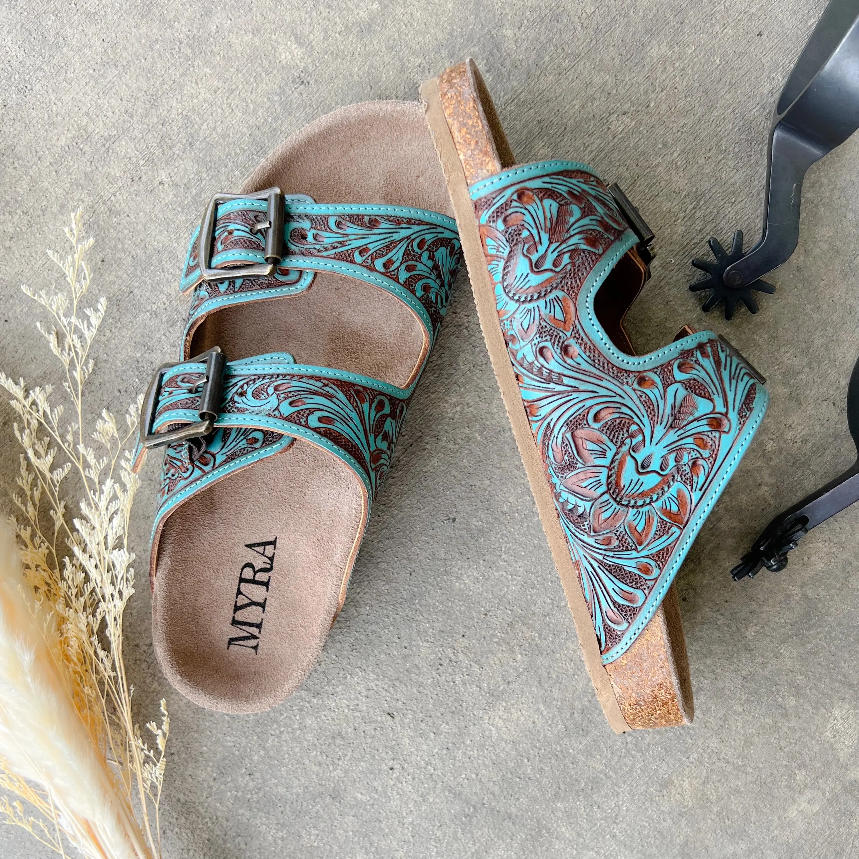 Rustic Rodeo Tooled Leather Slide Sandals – Turquoise & Brown* Rustic Rodeo Tooled Leather Slide Sandals – Turquoise & Brown*