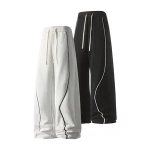 Men's Baggy Wide Leg Sweatpants Contrast Piping Stacked Joggers High Waist Drawstring Lounge Pants for Casual Gym Daily Wear Stylish Versatile