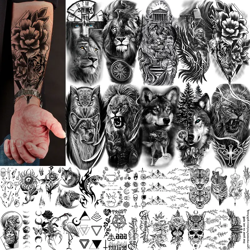 34 Sheets 3D Realistic Temporary Tattoos, Wolf Lion Tiger Scary Halloween Skull Fake Tattoo Stickers for Men Women Adults, Small Thigh Arm Neck Flower