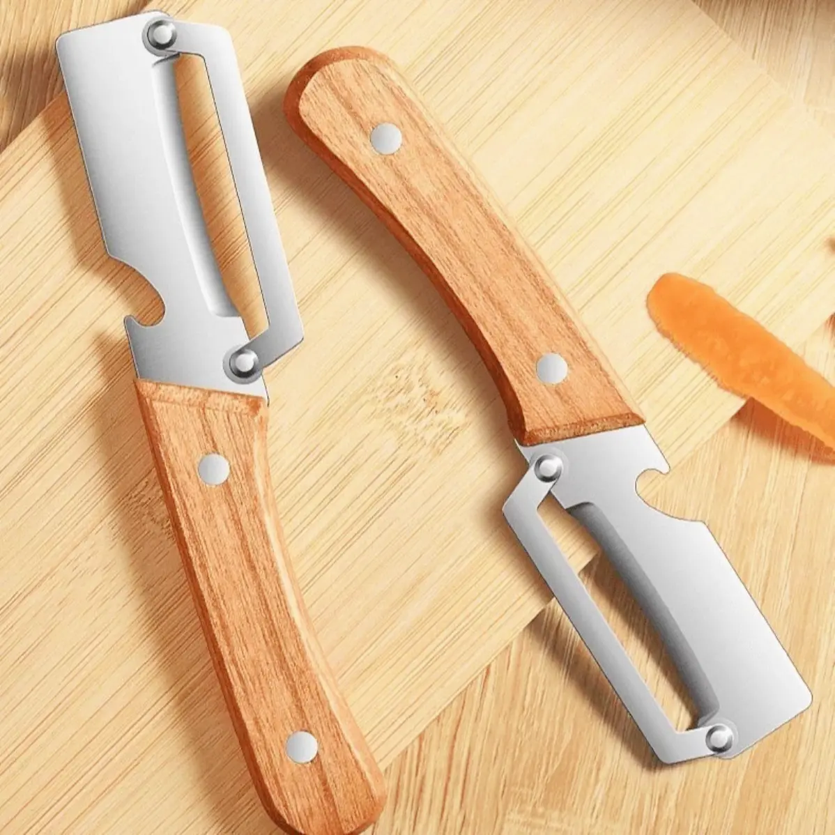 2PCS 2-in-1 Fruit & Vegetable Peelers for Kitchen - Ergonomic Non-slip Wooden Handle, Sharp Stainless Steel Blade with Bottle Opener, Right-handed Use Only for Peeling & Daily Household Tasks
