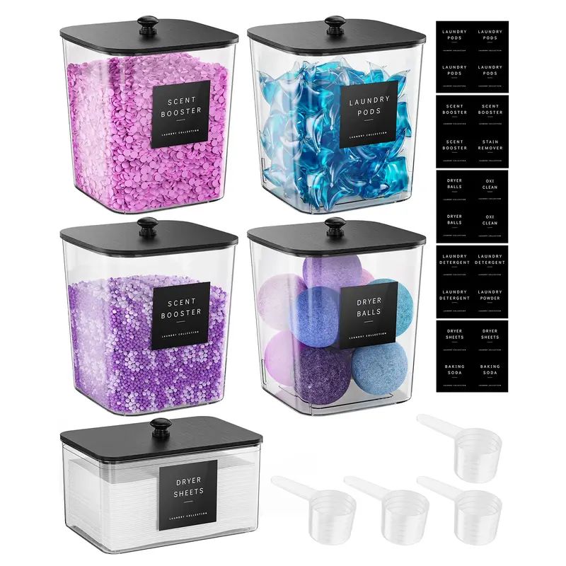 4+1 Pack Laundry Pods Container, Clear Laundry Room Organization Containers, Large Laundry Detergent Powder Storage Containers with Black Lids & Labels, Laundry Pods Holder for Scent Booster