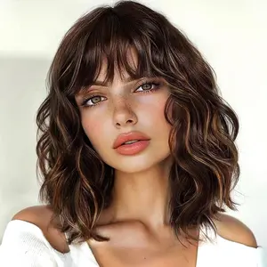 Summer Turn-Up Brown Highlight Wig with Bangs for Women Short Wavy Curly Brown Bob Wigs Medium Length 14 inch Synthetic Hair for Daily Party Use