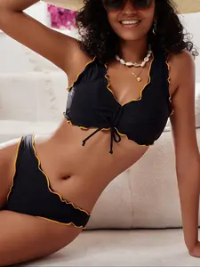 Women's Triangle Bikini Set with Ruffle Thin Straps High Cut Swimsuit Pleated Tie Two-Piece Swimwear, Holiday Style Fitted Design, Swimsuit for Beach