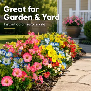 Weather Resistant Artificial Low Petunias Outdoor, Wind & Rain Proof – Rich Blue, Pink, Yellow, Red Tones, Quality Plastic Hanging Decorations for Balcony, Patio, Flower Boxes and Wedding Events outdoorfun
