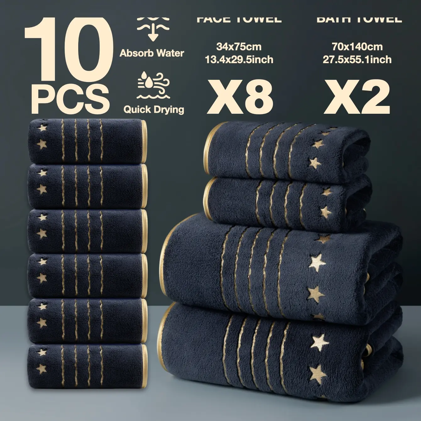 10-Piece Gold Thread Embroidered Bath Towels Set, Quick-Dry Strong Absorbent Microfiber, Modern Simple Bathroom Accessories