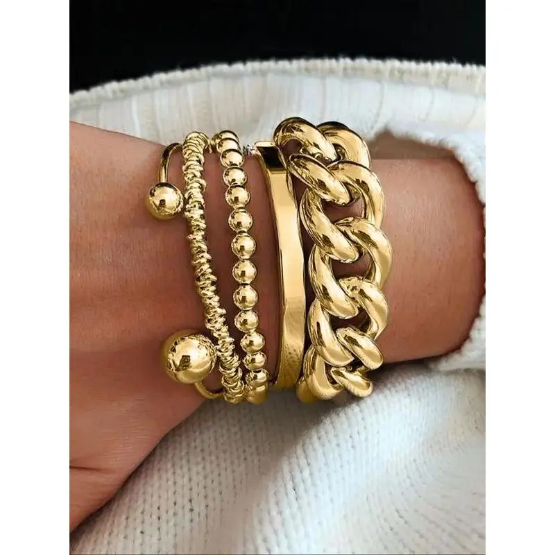 5-Piece Vintage & Fashion Chain Style Open Cuff Bracelet Set, Punk Chunky Chain Bracelet for Party, Daily Clothing Decor, Trendy All-match & Exquisite Jewelry for Birthday Gift, Dates and Parties, Gift for Girlfriend