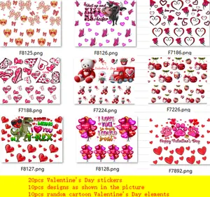 34pcs Valentine's Day Mini Cup Keychain Set - 14pcs Mini Keychains & 20pcs Stickers with 9 Styles & 11 Cartoon Elements - Perfect Gift for Valentine's Day
