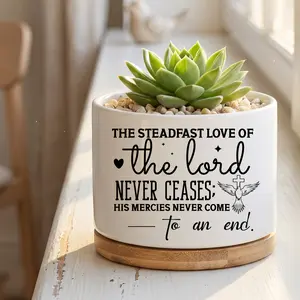 "Steadfast Love of The Lord" Religious Ceramic Succulent Planter with Bamboo Tray - Aesthetic Faith White Mini Pot with Dove & Cross - Christian Decorative Flower Pot for Shelf & Tabletop