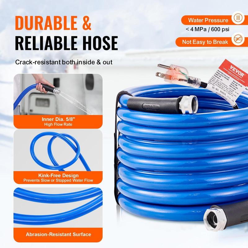 VEVOR 25ft Heated Water Hose for RV, Heated Drinking Water Hose Antifreeze to -45°F, Automatic Self-regulating, 5/8" I.D. with 3/4" GHT Adapter, Lead and BPA Free