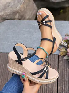 Women's Summer New Classic Woven Wedge Sandals, One-Strap Thick Sole Platform Shoes, Straw Braided Height-Increasing Roman Sandals