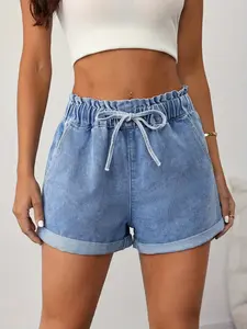 Women's Tall High Waist Denim Shorts, Drawstring Elastic Waist Slim Fit Wide Leg Jeans, Fashion Essential for Tall Girls