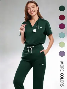 High Quality Polyester Scrubs Set Doctor Center Uniform Comfortable Staff Scrub Suit Ladies Beauty Spa Salon Short Sleeved Top with Pockets + Pants Workwear