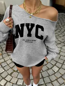 Women's Shoulder Cut Leopard Letter Print Long Sleeve Pullover Sweatshirt, Soft Loose Fit Casual Top, All Seasons Fashion, Trendy Leopard Print