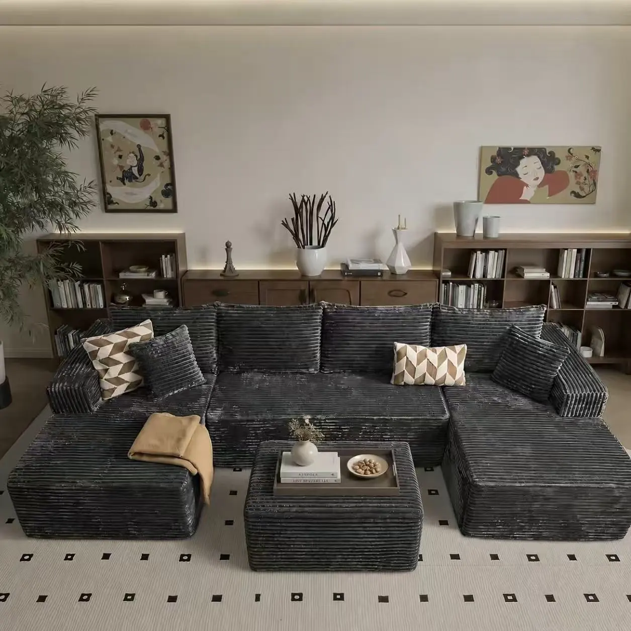 U-Shaped Cloud Sectional Sofa, Plush Corduroy Modular Sofa with Double Chaise, No Assembly, Deep Seat Boneless Couch, Modern Grey Furniture for Living Room, Fast Shipping【2 Packages Shipping】