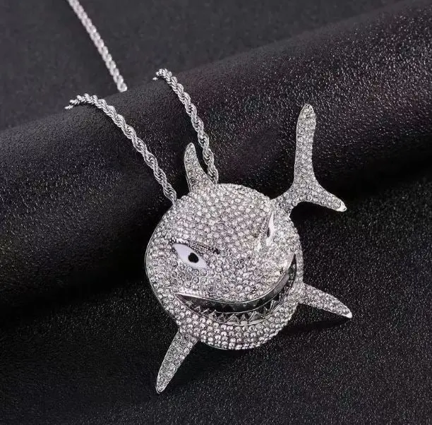 Iced Silver Plated Pendant with Hip Hop Chain Necklace Large Shark