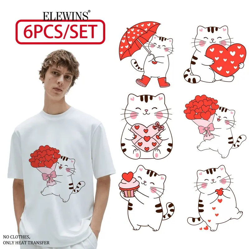 Valentine's Day Cat DTF Transfer Sticker 6 Pack - Kitten & Paw Print Designs for T-Shirt Hoodie Jeans Backpack Pillow - Washable Plastic Fabric Iron on Decals