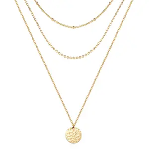 Hammered Coin Layered Necklace Set 14K Real Gold Plated Ball Chain Choker Necklace for Women with Simulated Pearls Bar & Hammered Disc Pendant Nature Inspired Jewelry