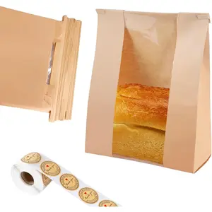 100 count  Paper Bread Bags with Window - 14" x 8.3" x 3.5" with Tin Strip and 500 count Seal Stickers for Bakery, Bread, Cookies