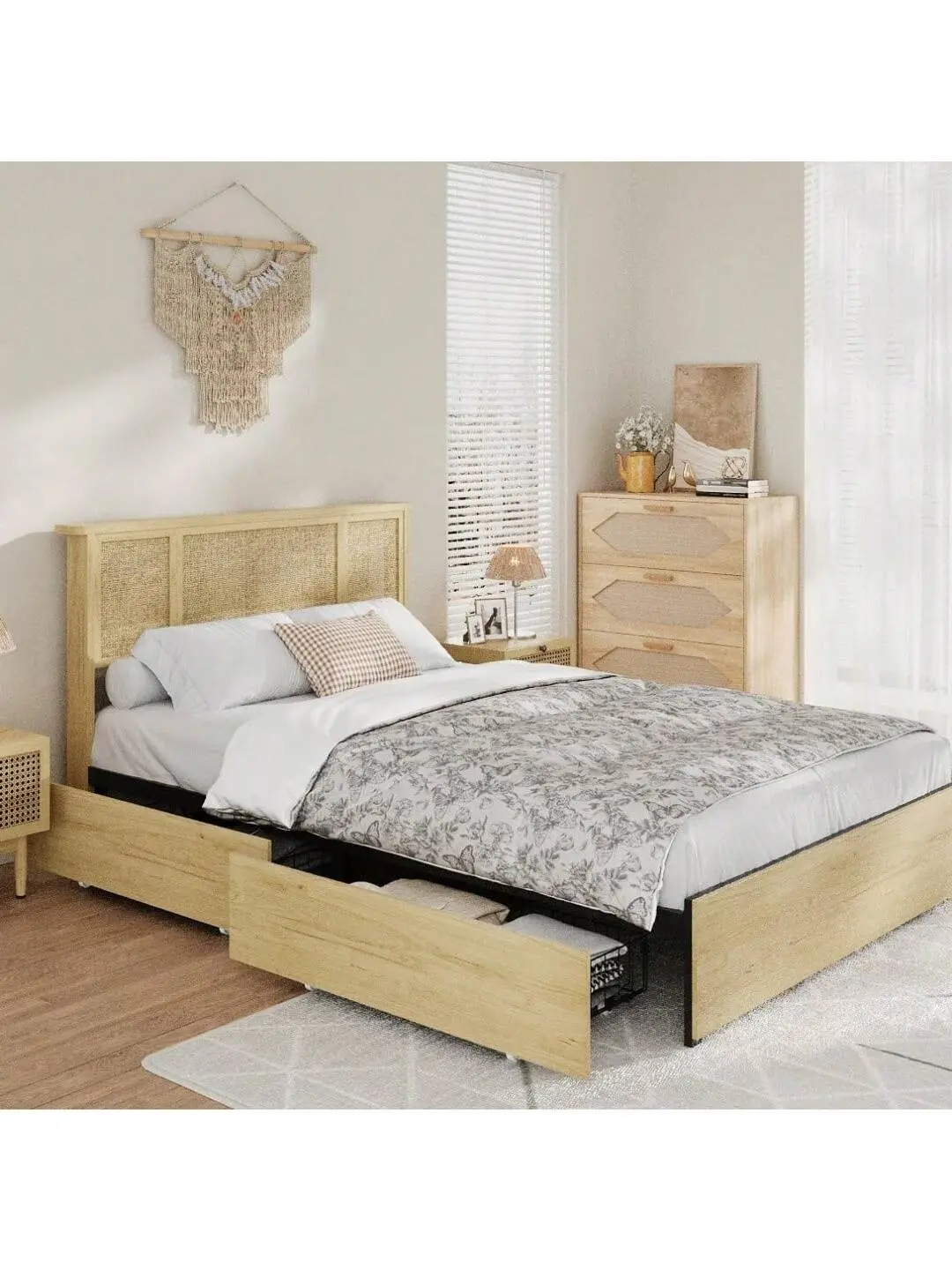 Gaomon Full-Size Metal Frame Storage Bed with Silent Boho Heart-Shaped Cane Slatted Bed Base, Sturdy Wooden Slats Support, Smooth Stable Structure, No Box Spring Needed, Quiet Sleep, Warm Indoor Bedroom Furniture