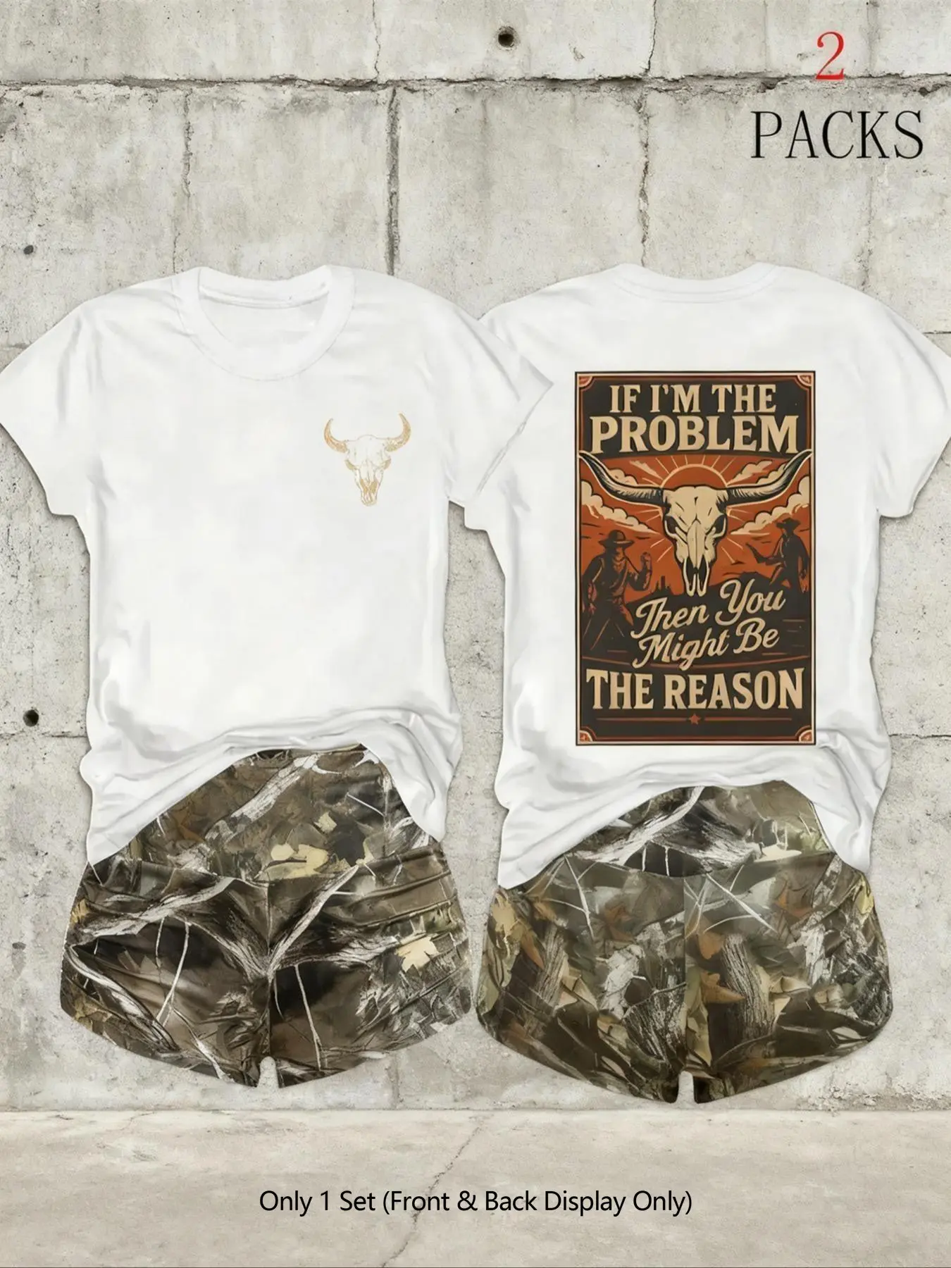 Women's 2-Pack Western Bull Print Short Sleeve T-Shirt & Camo Shorts Set, Soft Casual Fabric, Daily Streetwear Loungewear, Black Beige Pink White Purple Red Multi-Color Options, Clothes
