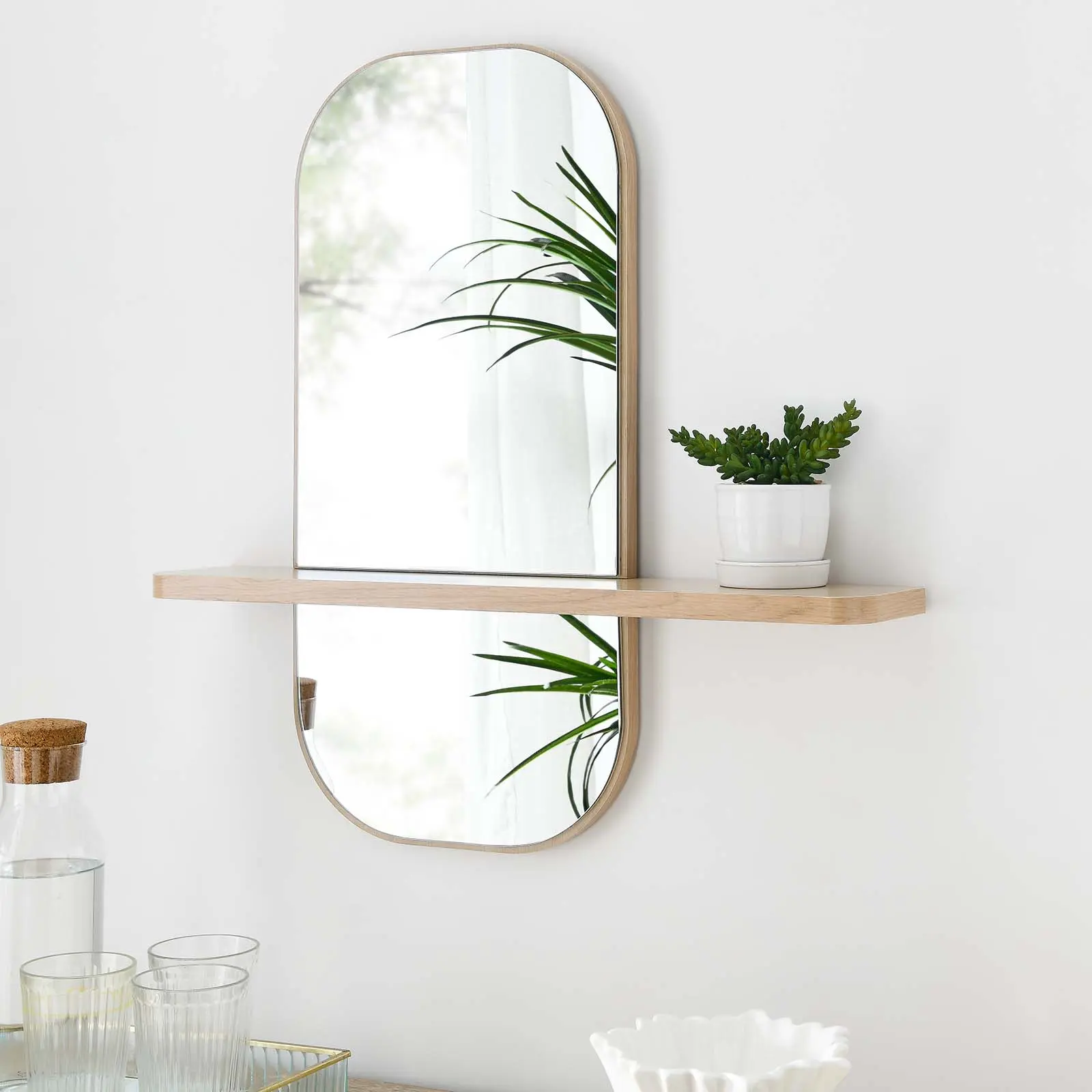 Modway Solstice Traditional Rectangular Wood Wall-Hanging Vanity Mirror with Shelf - Decorative, Rounded Edges, Minimal Assembly, Split Design, Bathroom Use, Entryway Decor, Shelves for Bedroom, Office Fit, Keys Accessibility