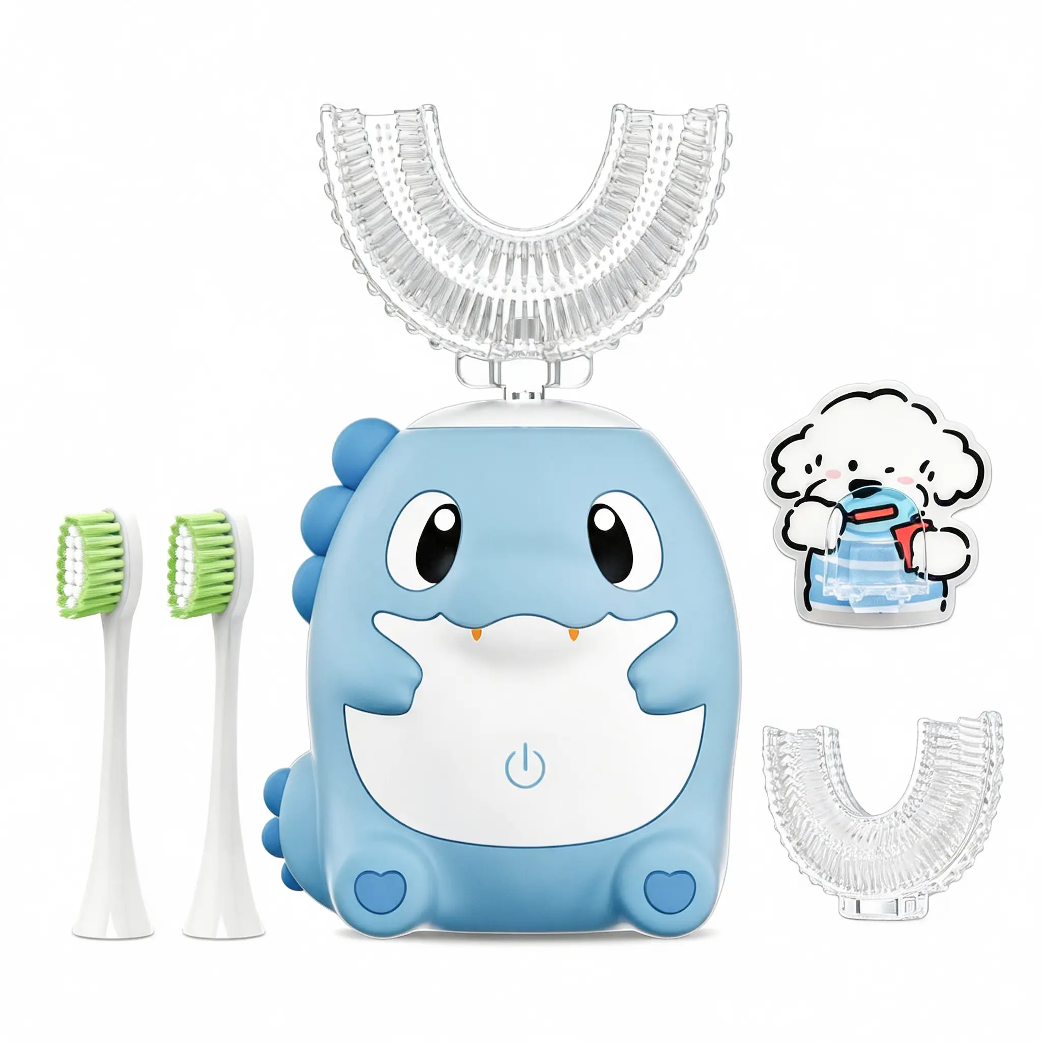 Kids Electric Toothbrush Set with Cute Dog Wall Holder, Dinosaur U-Shaped Toddler Toothbrush, 360° Ultrasonic Cleaning, Rechargeable & IPX7 Waterproof, Includes Extra Brush Heads