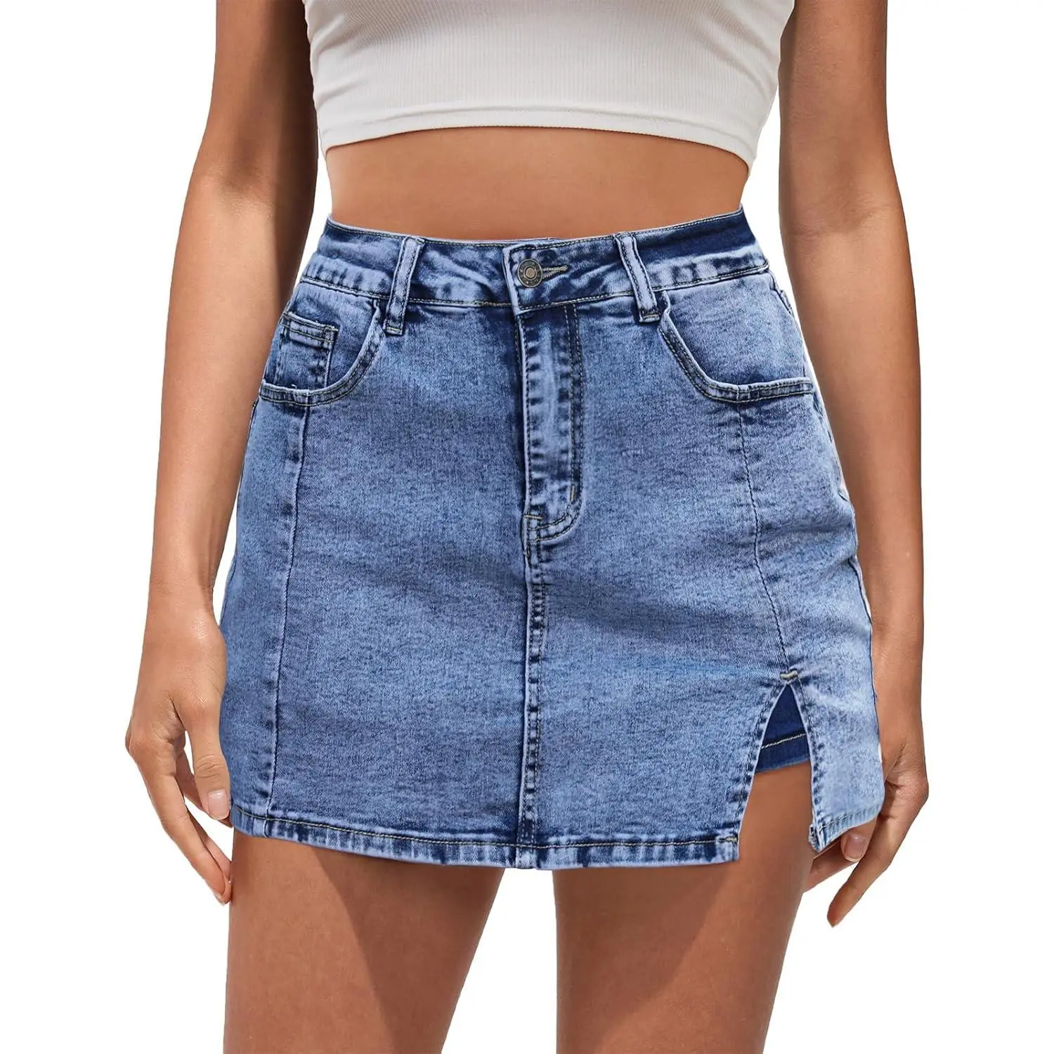 Jean Skorts for Woman High Waisted Trendy Slit Stretchy Denim Skirt with Shorts Casual Summer Skorts Skirts