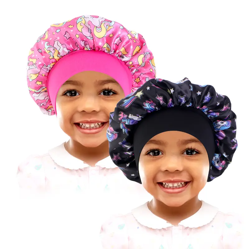 2PCS Cartoon Baby Kids Print Satin Bonnet Sleep Hat Cap for Curly Hair Adjustable Silky Satin Cap for Toddler Night Sleep Caps Beanie
