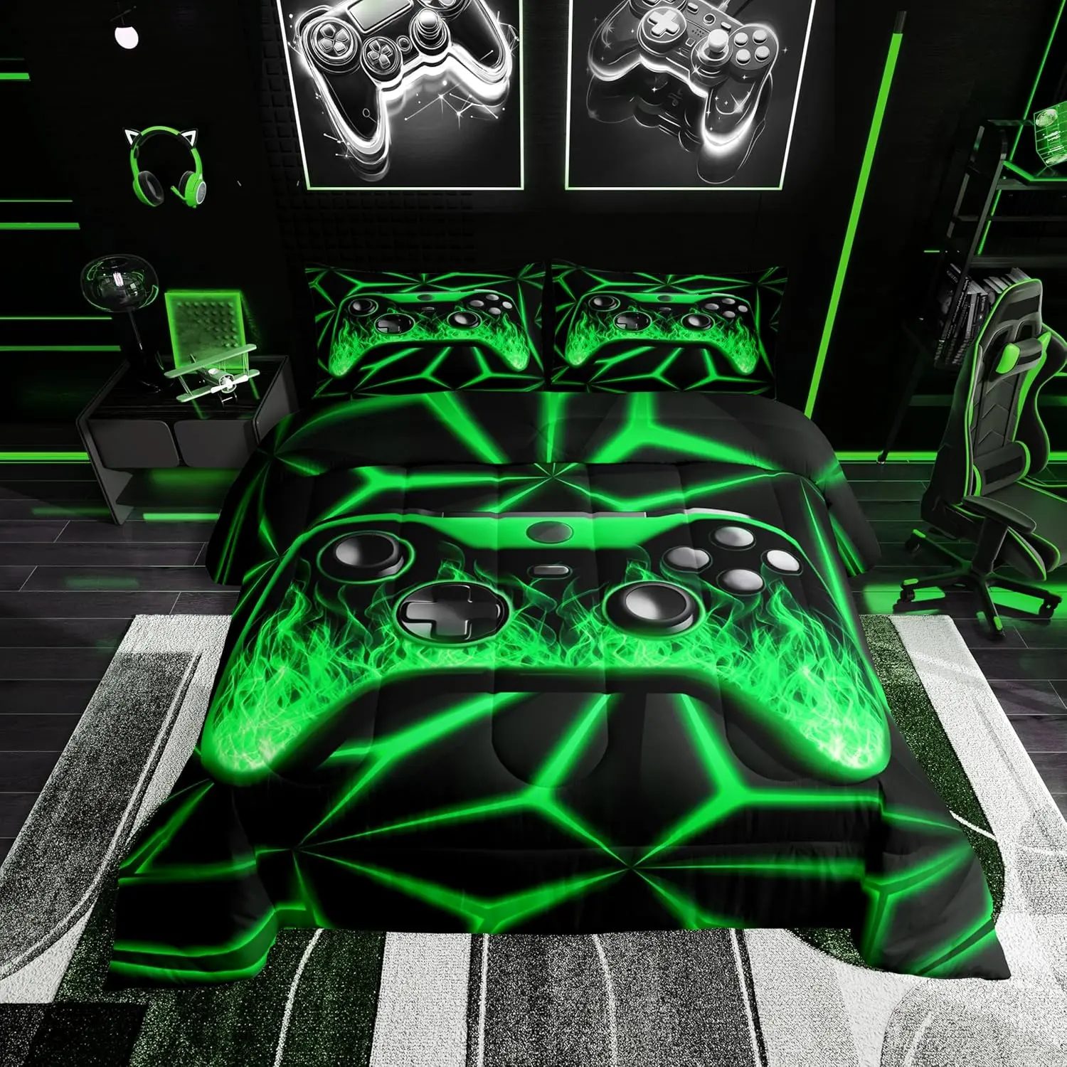 Feelyou Green Geometric Pattern Gamer Comforter Set - Machine-Washable Blanket Bedding Set for Boys, King Size, Bedroom Use with Unique Gaming Aesthetic, Geometric Pattern Bedding