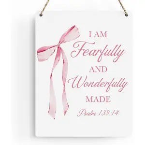 Pink Bow Christian Wall Art, Christian Gifts for Women, Inspirational Bible Verses Wall Decor, Pink Bow Hanging Wood Sign for Office Bedroom Living Room Girl Dorm Apartment - Psalm 139:14