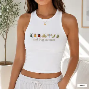 Sad Bug Summer Tank Top, Cute Insect Graphic Ribbed Crop Top, Summer Outfit Gift, Sleeveless Summer Casual Cotton Top