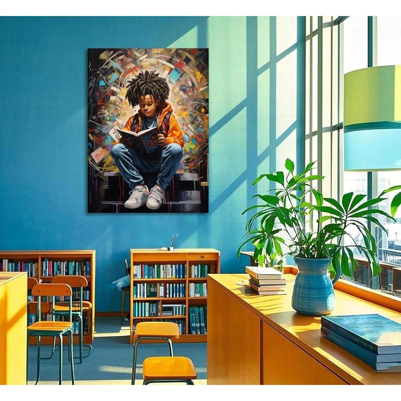 Black Boy Reading Canvas Wall Art Black Boy Books Inspiring Wall Decor Pictures African American Poster Print Painting for Teenager Living Room Bedroom Study Reading Room Home Decoration Artwork Gift
