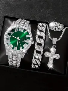 Men's 4-piece quartz watch set - simple style, electronic movement, round zinc alloy case, not waterproof, calendar function, analog display, matching cross necklace, bracelet and ring, fashionable gift