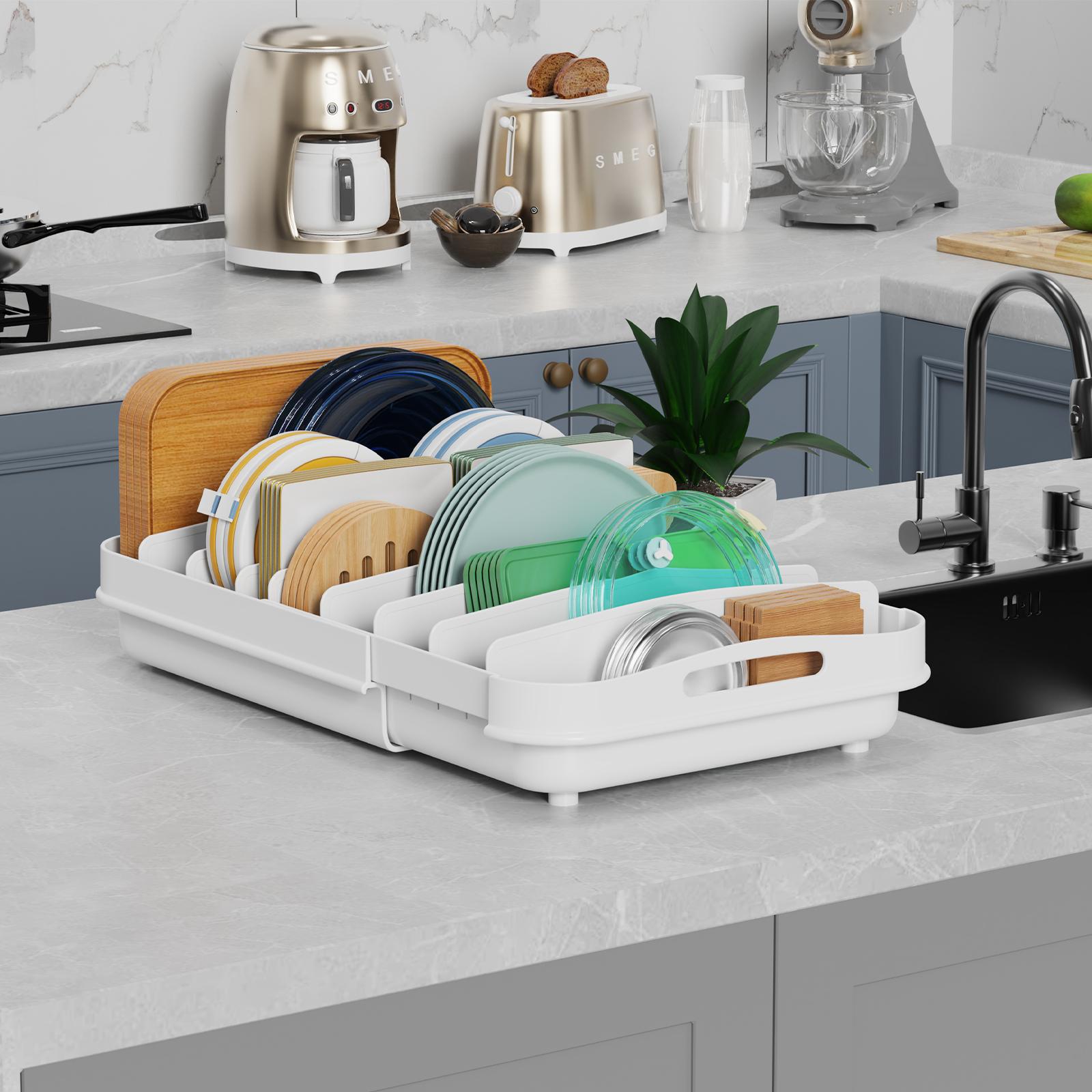 EVERIE Extendable Food Container Lid Organizer for 12'' Deep Cabinets, Adjustable Length 13.4" - 20.5"