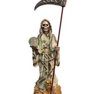 9 inch Santa Muerte Statue with Gold Coin Base and Scythe for Wealth and Protection Decor