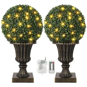Garvee 24" Pre-Lit Artificial Topiary Trees 2-Pack Faux Boxwood Ball Plants with Remote Timer UV Resistant Potted Trees for Outdoor Entrance Christmas Decor Vintage Urn or Red White Base Year Round Use