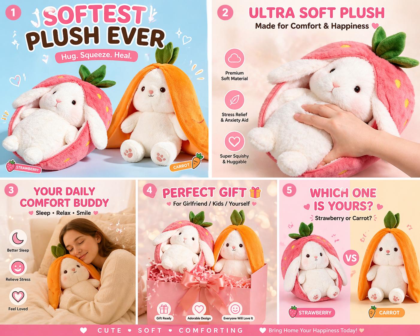“Adorable Soft Bunny Plush Toy – Strawberry & Carrot Plush for Girls & Boys”