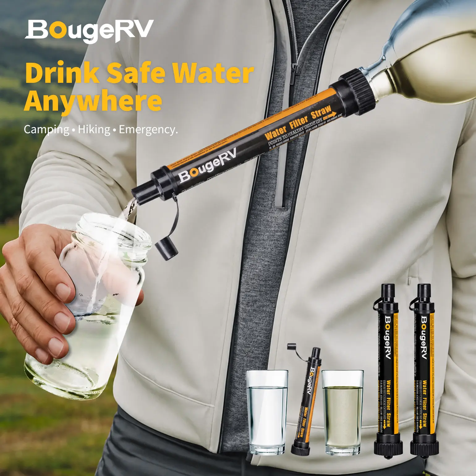 BougeRV Outdoor Water Filter,Portable Emergency Water Straw -Personal Water Filter For Hiking,Camping,Fishing,Lightweight & Compact Design Outdoor Euipment,2 Counts BougeRV Outdoor Water Filter,Portable Emergency Water Straw -Personal Water Filter For Hiking,Camping,Fishing,Lightweight & Compact Design Outdoor Euipment,2 Counts