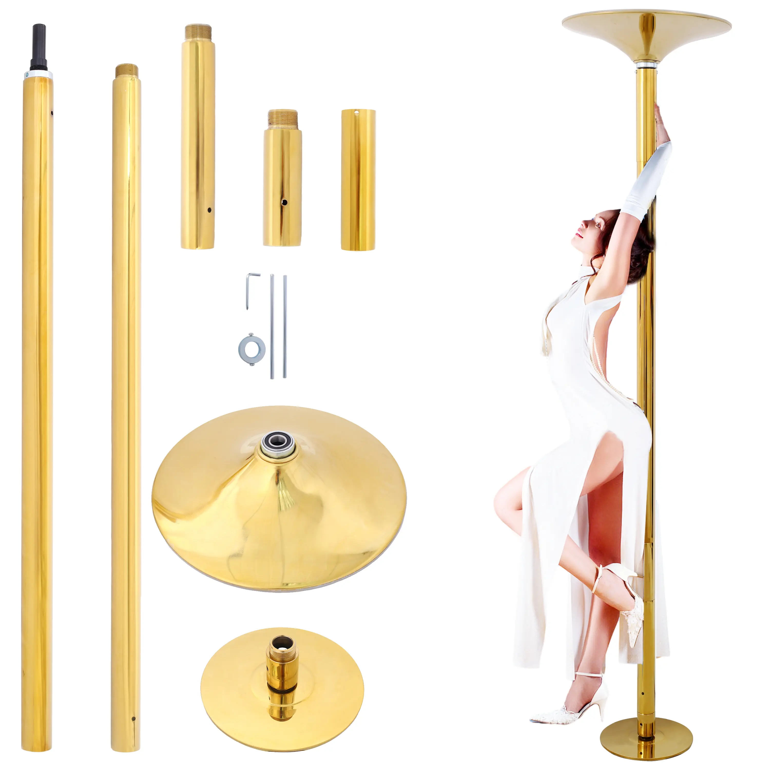 No Drill Gold Dance Pole Spinning Stationary Dual Mode Height Adjustable 7.3-9 FT Rustproof  Steel Structure 440 , Bearing Silicone Gasket Protect Ceiling Floor Easy Install Detachable Pole Dancing Kit For Beginner Pro Home Workout Party Entertainment
