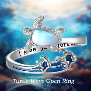 1Pc Creative Blue Wave Sea Turtle Moonstone Open Ring Exquisite Women's Summer Ocean Style Animal Jewelry Accessories Suitable for Women, Wife, Girls Birthday Gift