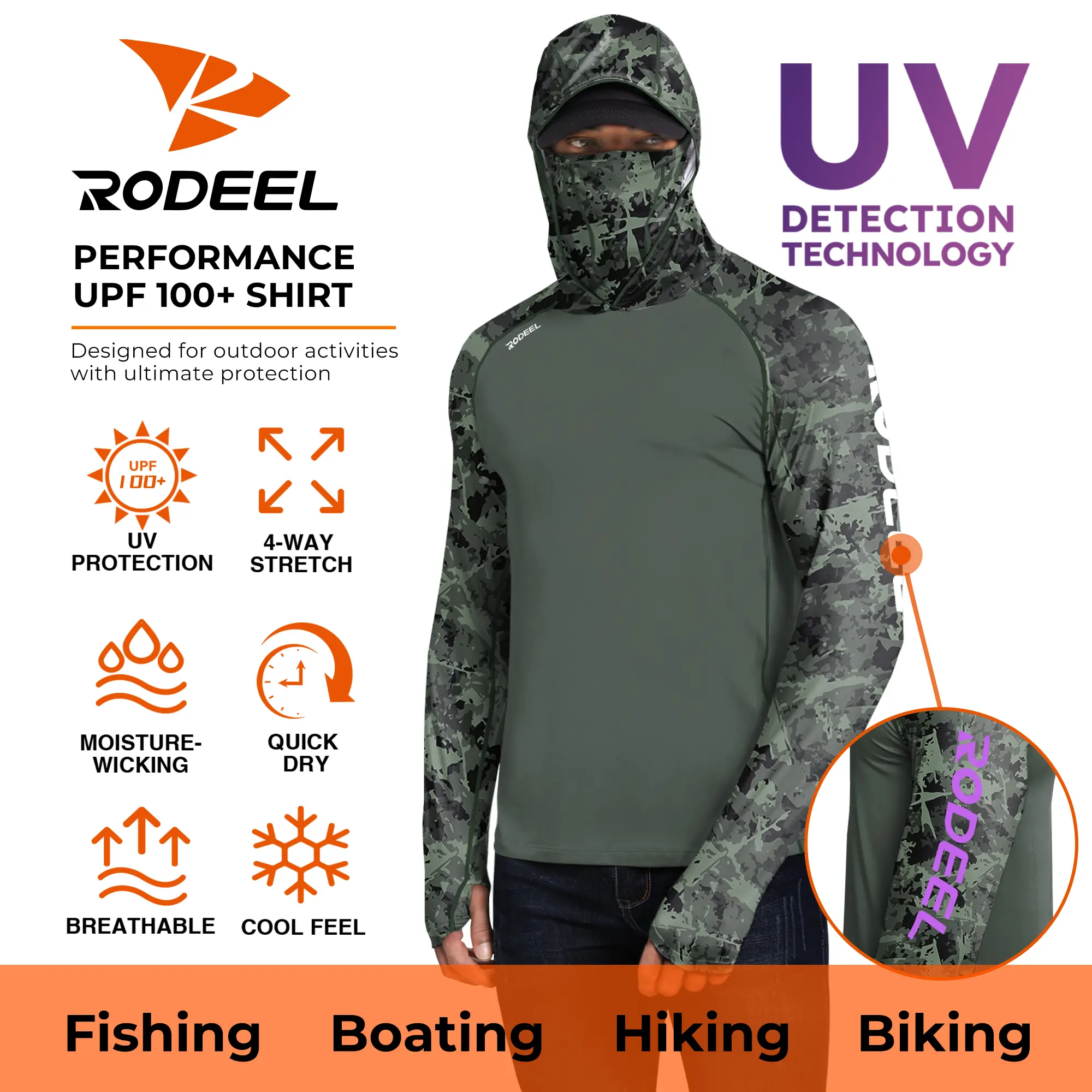RODEEL 934 Men's UPF 100+ Sun Protection Long Sleeve Hoodie Tops - Polyester Blend, UV Detection Mask Neck Gaiter, Thumbhole, Lightweight, Quick Dry, Moisture Wicking, Breathable, Cooling Multi-Size Sports Clothes for Outdoor Fishing, Construction, Thumbh