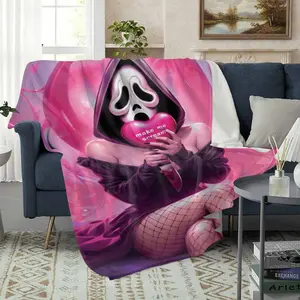 Dark Romance Valentine Horror Print Flannel Blanket - Heart & Love Mask Design, Soft Cozy Warm Throw for Bedroom Decor, Couples Romantic Gift (Horror Print Blankets)