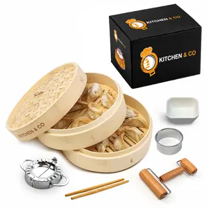 KITCHEN & CO 10-inch Dumpling Bamboo Steamer- Complete Set of 2 Tier Bamboo Steamer Basket 2 Chopsticks, 1 Rolling Pin, Ceramic Dish & More-Bringing Tradition to Your Table, One Steamed Dish at a Time…