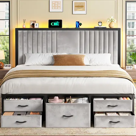 【Back to School】Raybee Modern Bed Frame with 5 Storage Fabric Drawers for Queen/King/Full Size,Luxury Upholstered Platform LED Bed Frame with Built-in Charging Station & Shelf on Headboard,13.39" Under Bed Space for Apartment,Dorms,Bedroom,838LBs Capacity