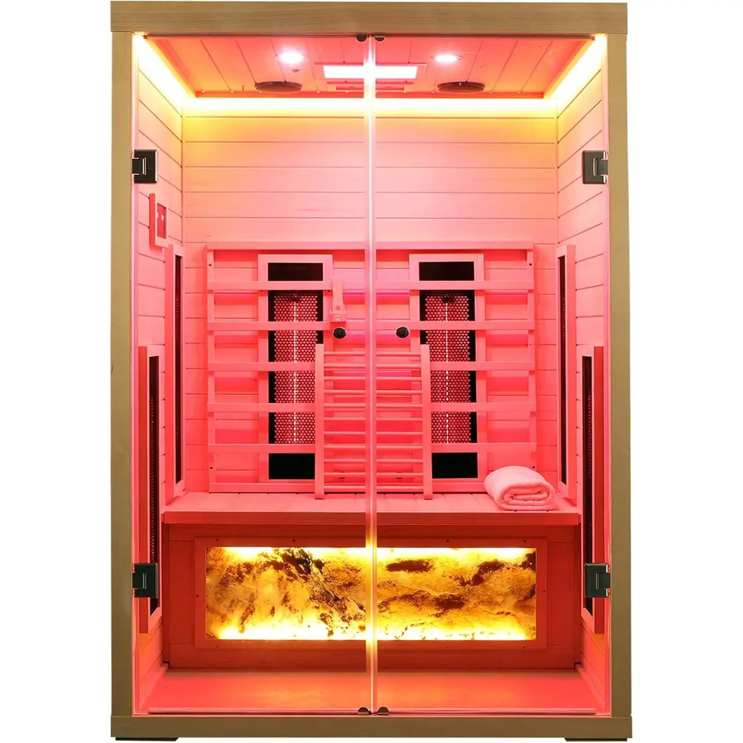 GSFRCeramic Infrared Sauna 2 Person Infrared Sauna w/Red Light Therapy | Far & Near Infrared Sauna Indoor, Low EMF Infrared Sauna for Home Spa, Deluxe Glass Home Sauna with Granite Backdrop