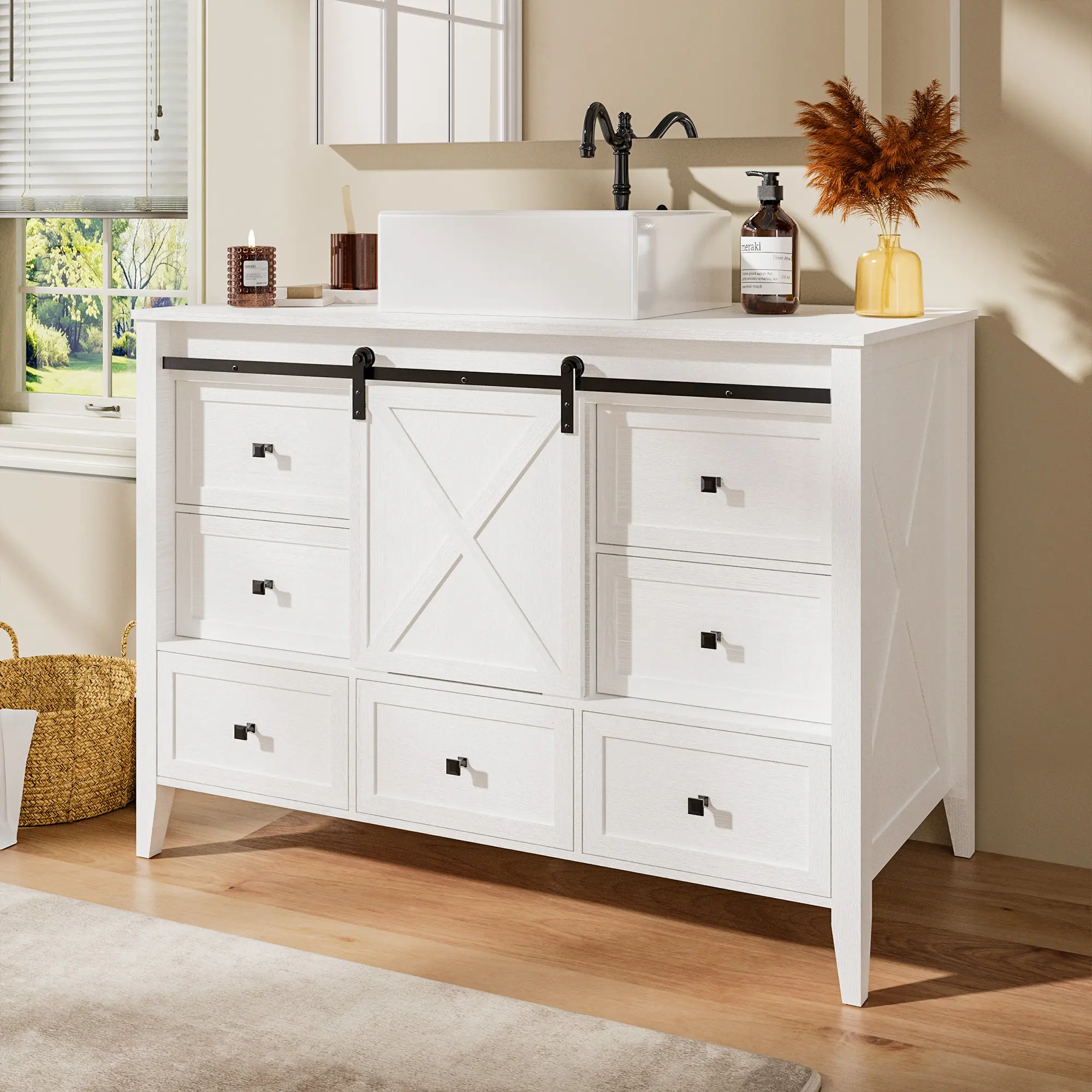 Bathroom Vanity with Sink – 36–60 Inch Bathroom Vanity with Ceramic Sink, Freestanding Cabinet with Farmhouse Sliding Barn Door and 3 Drawers, Space-Saving Storage Cabinet, Wood Grain Texture, White