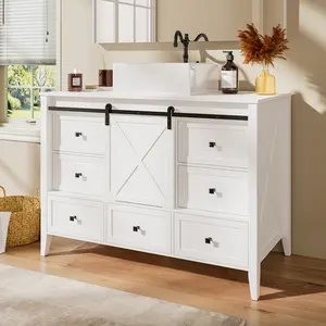Bathroom Vanity with Sink – 36–60 Inch Bathroom Vanity with Ceramic Sink, Freestanding Cabinet with Farmhouse Sliding Barn Door and 3 Drawers, Space-Saving Storage Cabinet, Wood Grain Texture, White