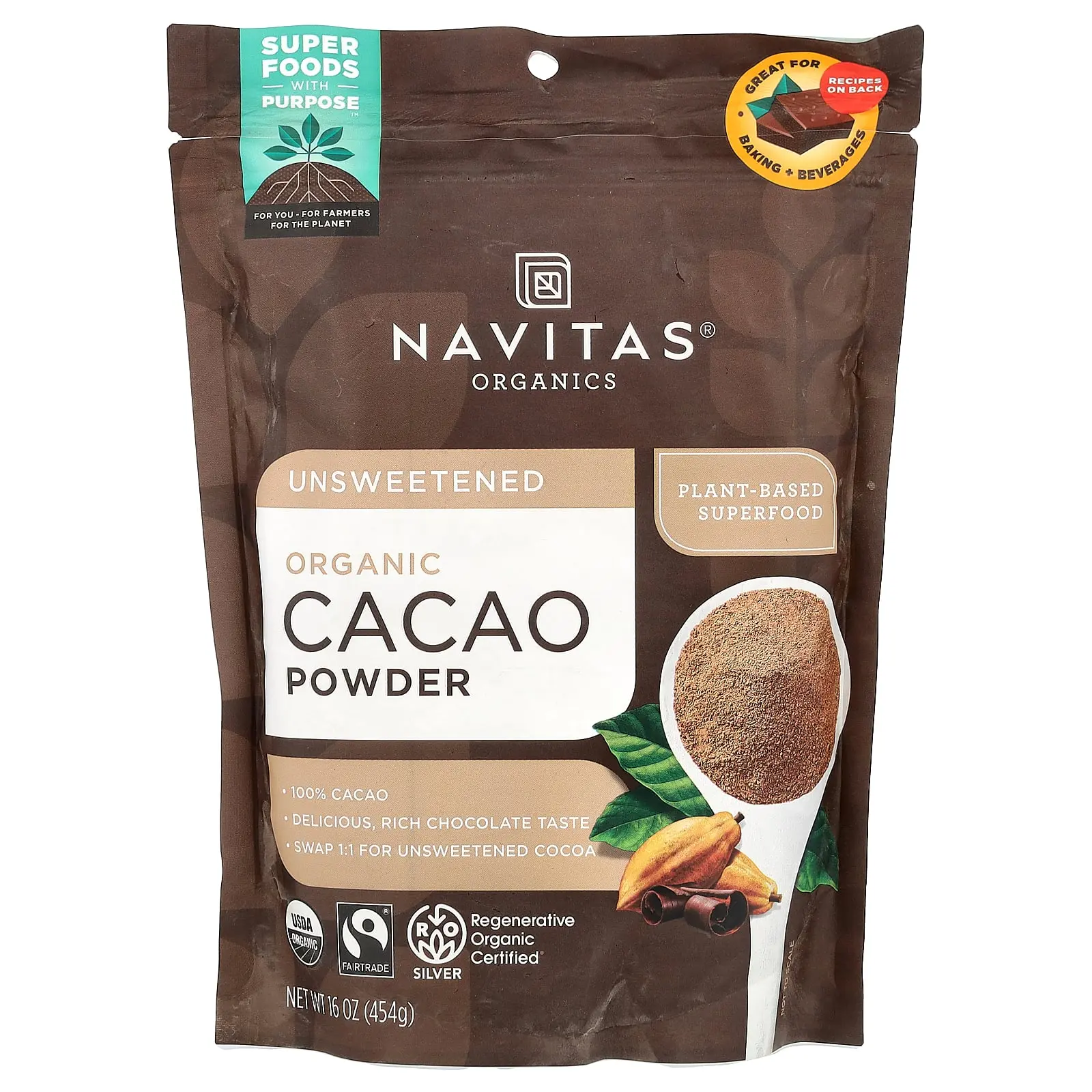 Navitas Organics Organic Cacao Powder, Unsweetened, 16 oz (454 g)